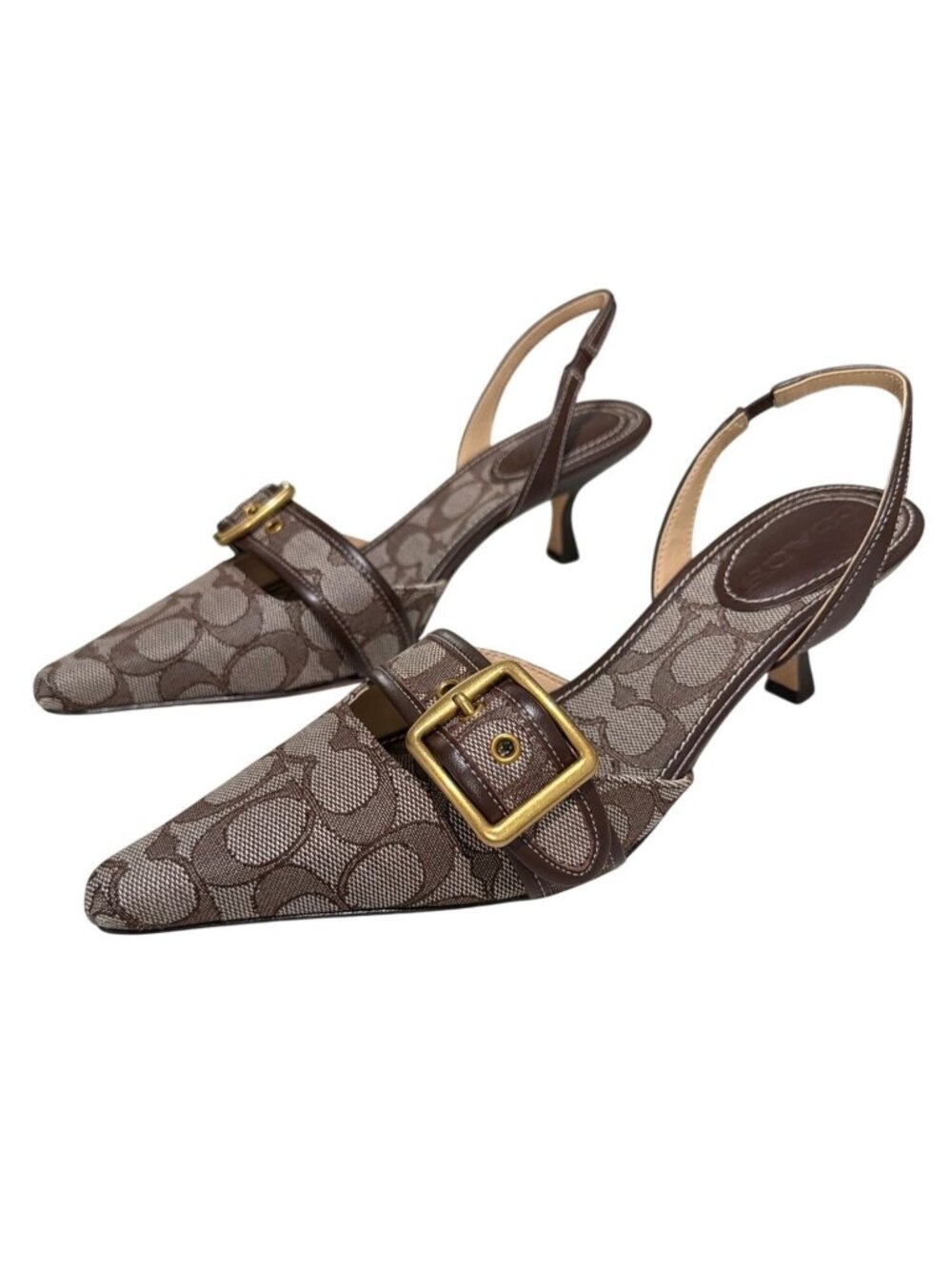 Coach Brown Signature Canvas Slingback Kitten Heels With Gold Buckle - Size 8 - Picture 4 of 10